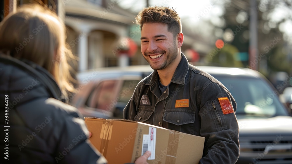 A deliveryman in uniform smiling as he hands over a large cardboard box to a happy customer at the front door of a suburban home. A deliveryman in uniform smiling as he hands over a large cardboard box to a happy customer at the front door of a suburban home.