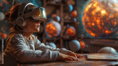 A young child is immersed in a virtual reality game, experiencing a space adventure in a futuristic setting.