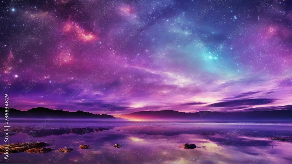 Night sky with stars and milky way over the sea and mountain. for background