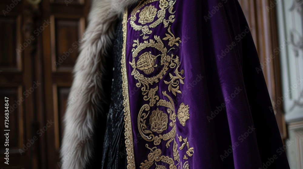 Fototapeta premium A statement cape in a majestic shade of royal purple adorned with intricate gold embroidery and softened with a faux fur trim. Pair with a simple black dress for a touch of