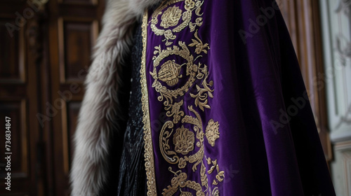 A statement cape in a majestic shade of royal purple adorned with intricate gold embroidery and softened with a faux fur trim. Pair with a simple black dress for a touch of