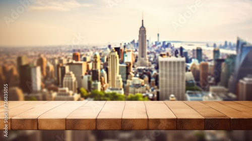 The empty wooden table top with blur background of city skyline. Exuberant image. generative AI