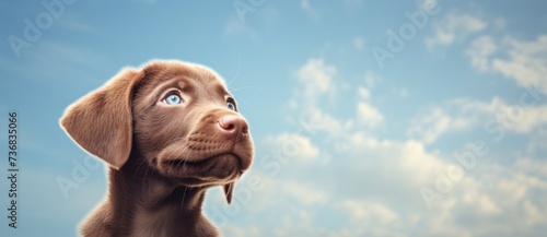 Portrait of a brown labrador puppy on the background of a blue sky