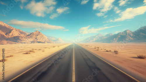 an empty highway in the desert with blue sky. empty asphalt road, adventure road in desert