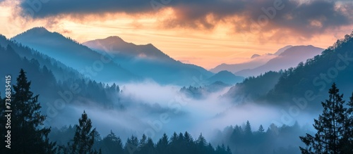 a sunset over a foggy mountain range with trees in the foreground . High quality