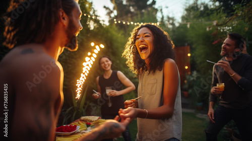Joyful Friends Enjoying a Summer Barbecue Party at Sunset. Outdoor Leisure and Social Gathering Concept