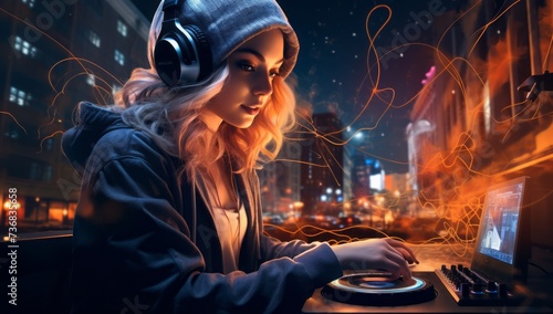 Cool female asian dj is working in a nightclub, standing at turntables photo