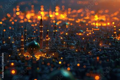 A 3D cityscape during Ramadan featuring twinkling lights from afar