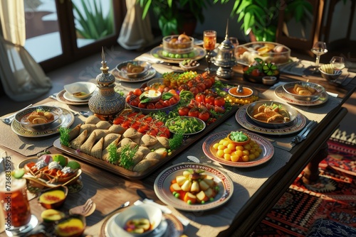 A 3D family table with various types of traditional Ramadan meals photo