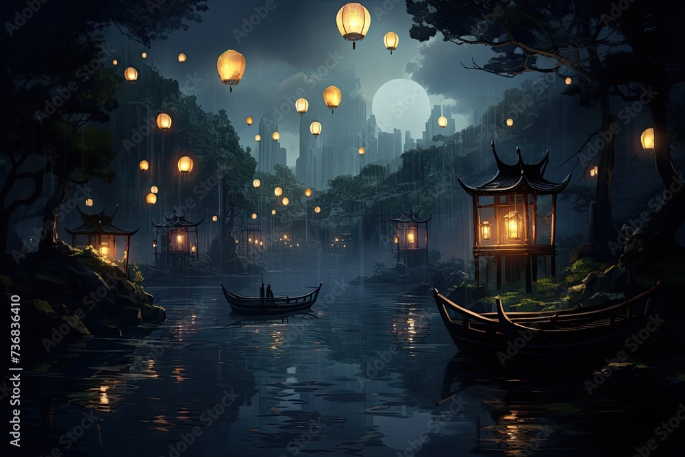 A dreamy moonlit night with lanterns floating above a quiet lake.