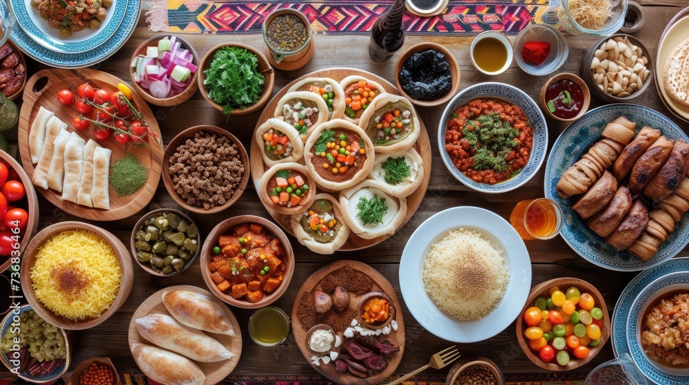 A feast layout extravagantly set with traditional and modern dishes to break the Ramadan fast