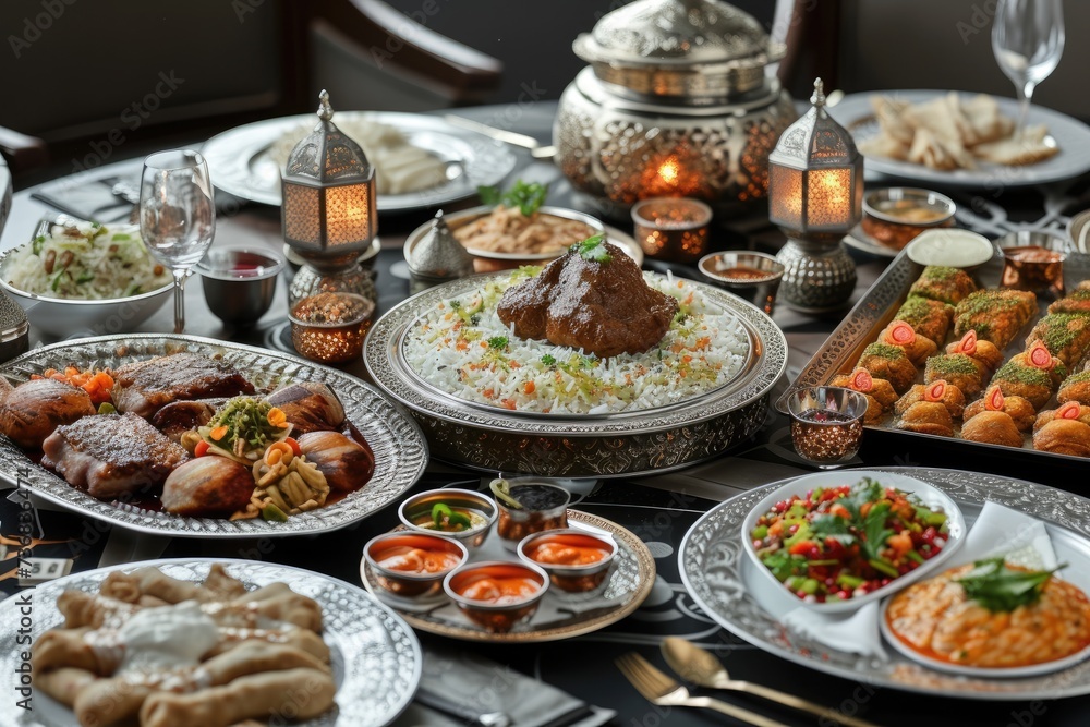 A feast layout extravagantly set with traditional and modern dishes to break the Ramadan fast A feast layout extravagantly set with traditional and modern dishes to break the Ramadan fast