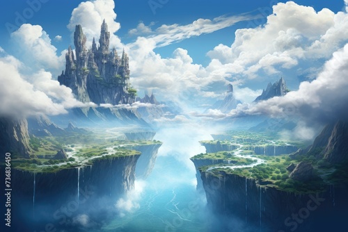 A fantasy landscape with floating islands and rainbow waterfalls © SaroStock