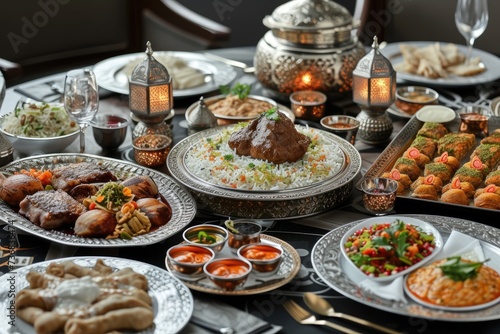 A feast layout extravagantly set with traditional and modern dishes to break the Ramadan fast