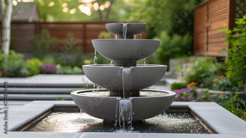 A modern fountain with multiple tiers adding a touch of elegance to any outdoor space.