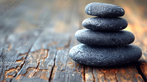 Zen Stones Balance on Weathered Wooden Background
