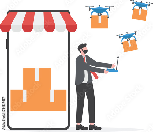 Dropshipping business model by Drone delivery business control drones to deliver packages and boxes, work with warehouse robot arms vector


