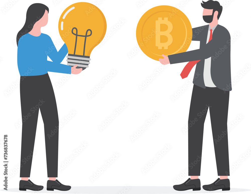 Businessman holding bitcoin to exchange a light bulb metaphor for a bright idea. Vector illustration
Businessman holding bitcoin to exchange a light bulb metaphor for a bright idea. Vector illustration
