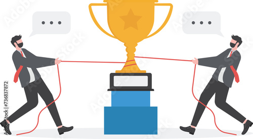Two businessmen pulling award as symbol of competition, positive opposite negative reaction concept vector Vector illustration in flat style.

