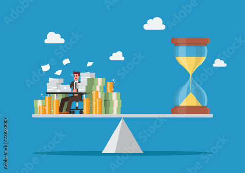 Businessman with money and hourglass on scales