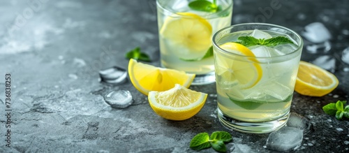 Two glasses of refreshing lemonade  served on a table with ice  lemon slices  and a hint of citrus. The perfect summer drink to cool down