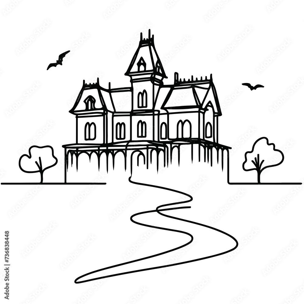 A haunted mansion shrouded in fog in a line drawing style