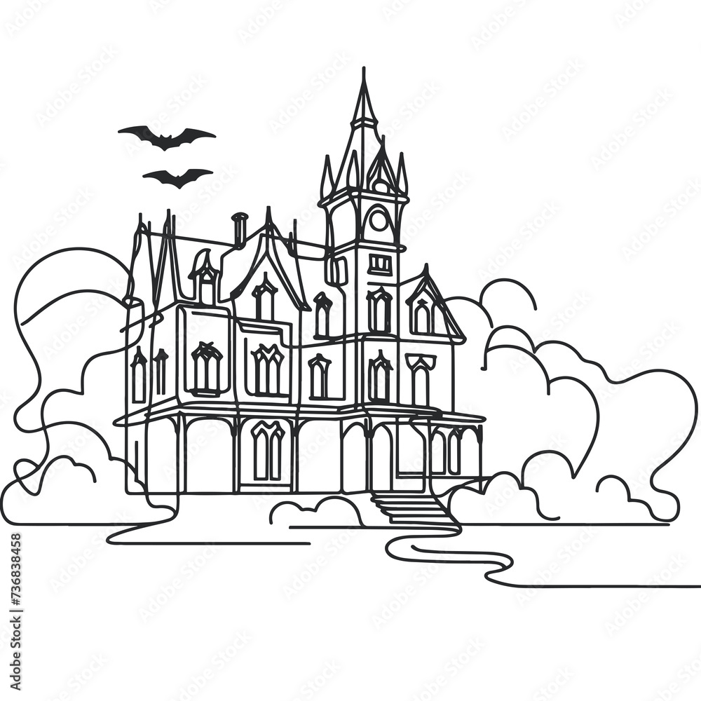 A haunted mansion shrouded in fog in a line drawing style