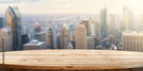 The wooden table top with blur background of modern office interior with cityscape in the morning. Exuberant image. generative AI