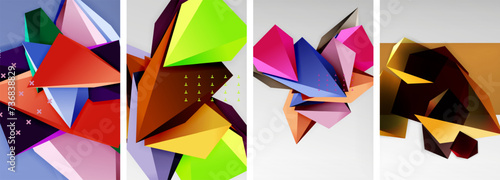 Trendy low poly 3d triangle shapes and other geometric elements background designs for wallpaper, business card, cover, poster, banner, brochure, header, website