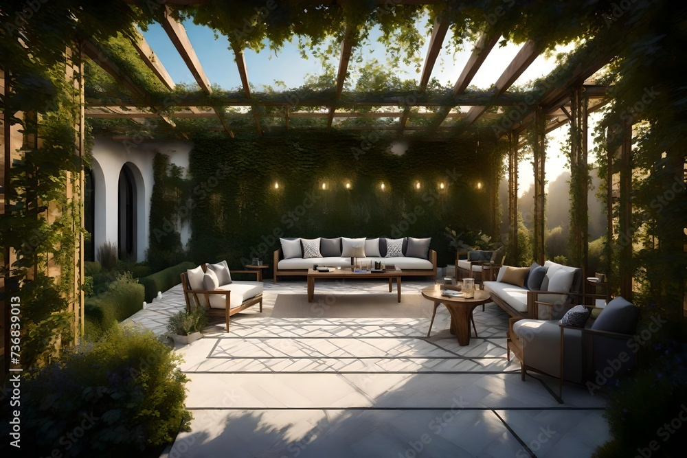 Fototapeta premium elegant garden terrace adorned with pergolas and climbing vines, providing a tranquil outdoor space where nature and architecture coexist harmoniously