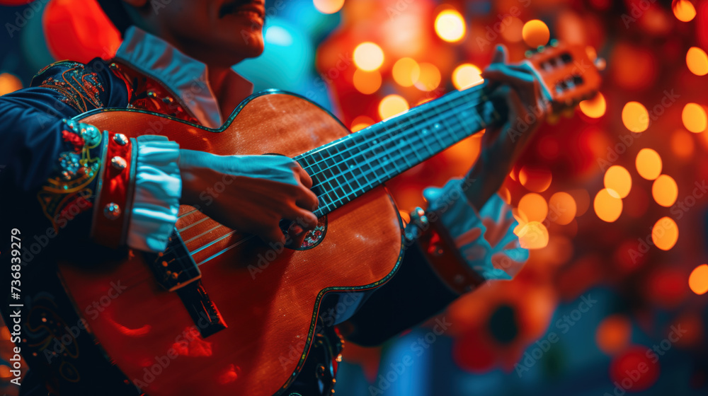 Obraz premium Close-up of a mariachi performer playing guitar, vibrant lights in the background.