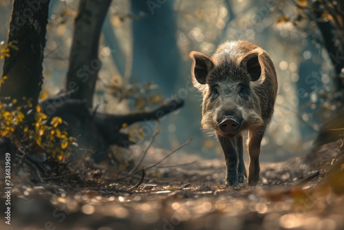 Lonely wild boar walks in forest.
