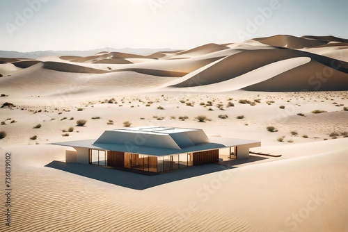 minimalist desert retreat surrounded by vast dunes, its simple geometric shapes and muted colors harmonizing with the arid landscape in a celebration of modern desert architecture. photo