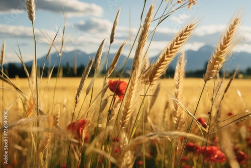 Golden wheat field with red poppies under a clear blue sky.