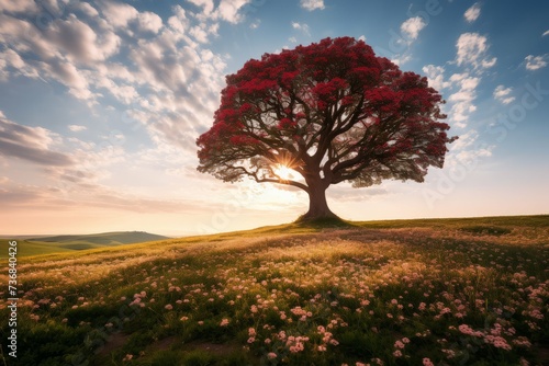 Single majestic tree with red foliage standing on a flowering meadow at sunset. © GreenMOM
