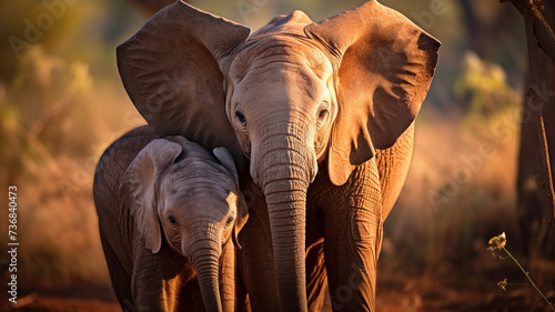  mother elephant gently nuzzling her newborn calf photo