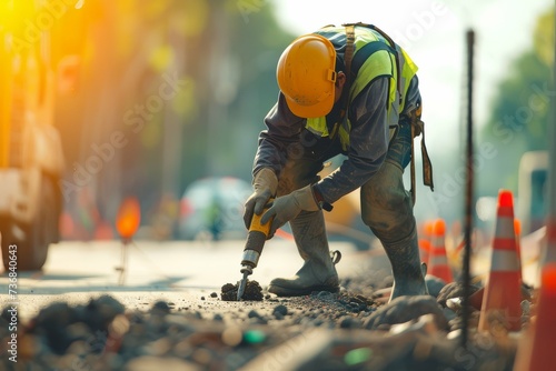 Construction worker in safety gear drilling into asphalt with machinery.