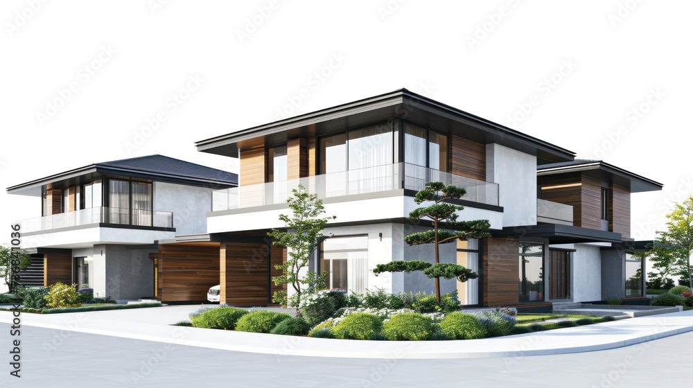 modern affordable house, bright daylight, suburban environment, ultra realistic, super detailed, 3D rendering, white background