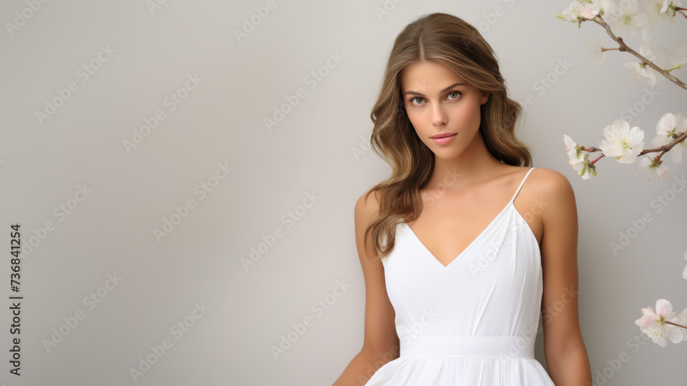 Serene Elegance: Woman in White Dress with Spring Blossoms, Open Empty Text Copy Space Used for a Poster, Announcement, Invitation, or Sign
Serene Elegance: Woman in White Dress with Spring Blossoms, Open Empty Text Copy Space Used for a Poster, Announcement, Invitation, or Sign