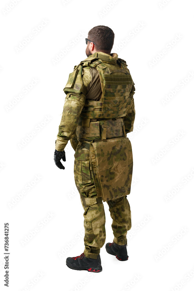 Back view of male soldier in military uniform isolated on white background Back view of male soldier in military uniform isolated on white background