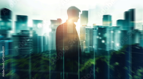 Wallpaper Mural Businessman, CEO and abstract environmental mockup for investment, business and ecosystem. Head silhouette, double exposure effect and cityscape overlay backdrop for wallpaper or sustainable building Torontodigital.ca
