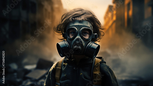 A child wears a gas mask