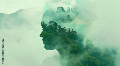 Mindfulness, human and abstract environmental mockup for meditation, zen and ecosystem. Head silhouette, double exposure effect and green overlay backdrop for wallpaper, copyspace and sustainability