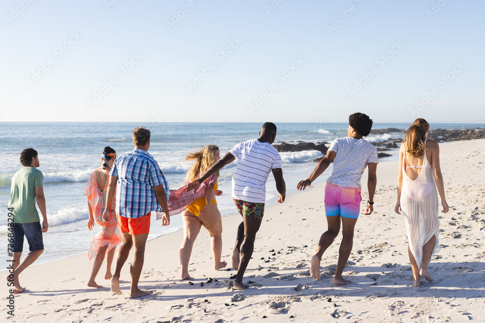 Group of friends enjoy a walk on the beach