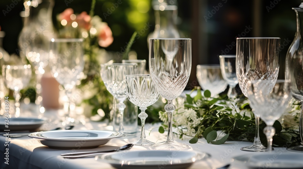Sparkling_glassware_stands_on_long_table_prepared_for party ai generative high quality image Sparkling_glassware_stands_on_long_table_prepared_for party ai generative high quality image