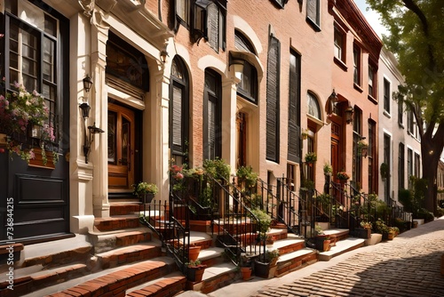 quaint cobblestone street lined with historic townhouses  each adorned with unique details and charming facades  encapsulating the timeless beauty of classic urban exteriors.