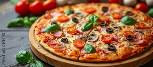 A Californiastyle pizza topped with tomatoes, olives, basil, and ham is displayed on a wooden cutting board
