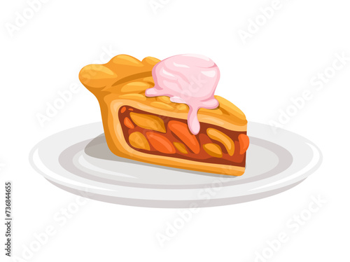 Slice Of Pie Cake With Ice Cream Topping On Plate Illustration Vector