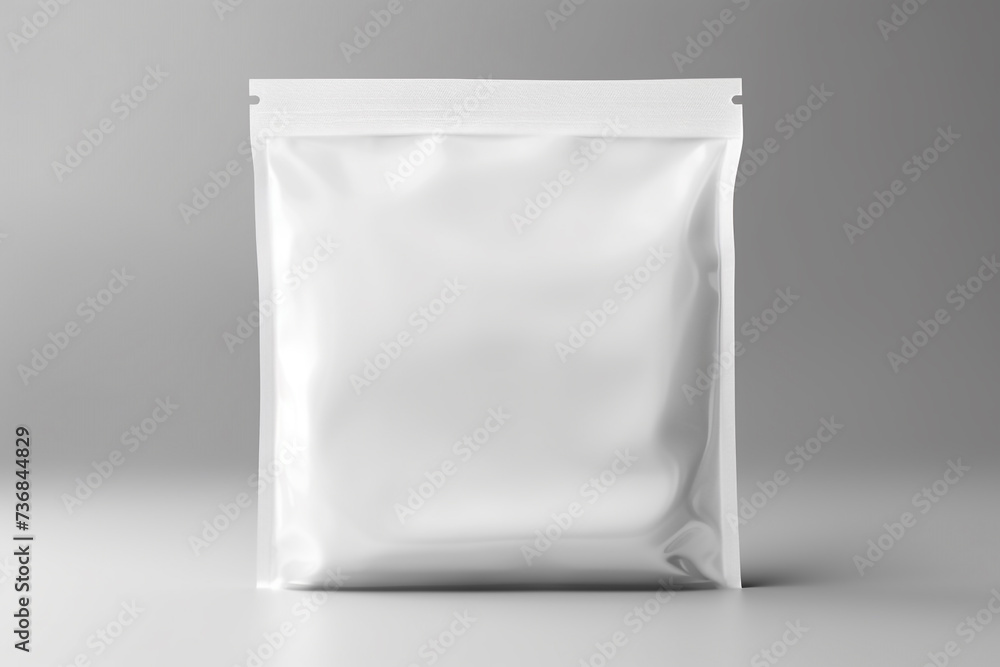 White foil packet mock-up in blank space. Plastic bag packaging in copy space. Packaging template for product design, branding, and display. Generative AI White foil packet mock-up in blank space. Plastic bag packaging in copy space. Packaging template for product design, branding, and display. Generative AI