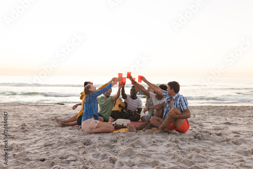 Diverse group of friends toast on a beach at sunset, having a party